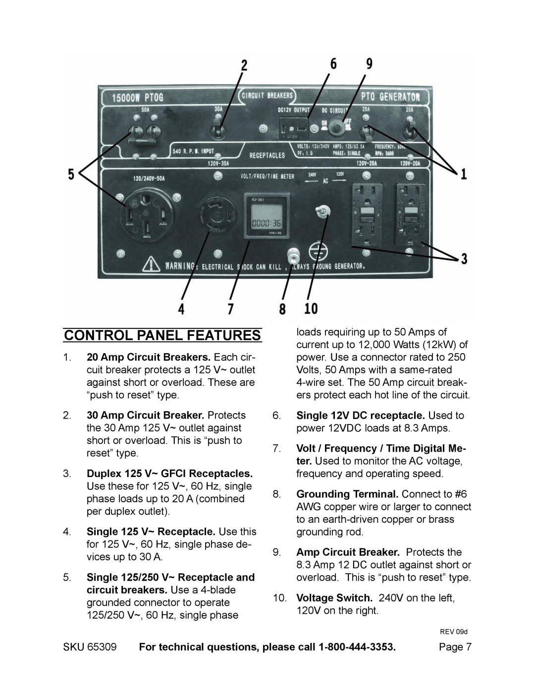 Harbor Freight Tools 65309 manual Control Panel Features, REV 09d 