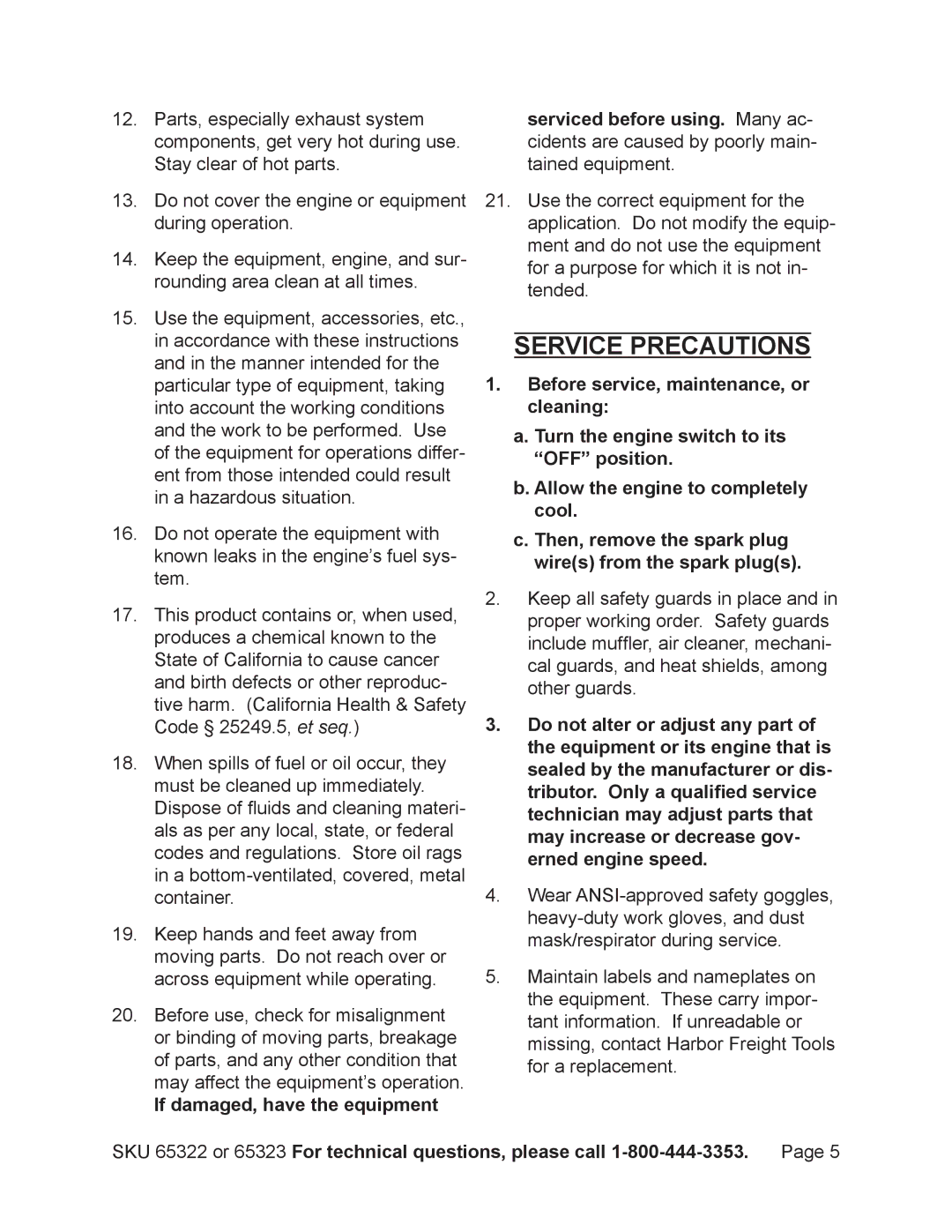 Harbor Freight Tools 65322 manual Service precautions, If damaged, have the equipment 