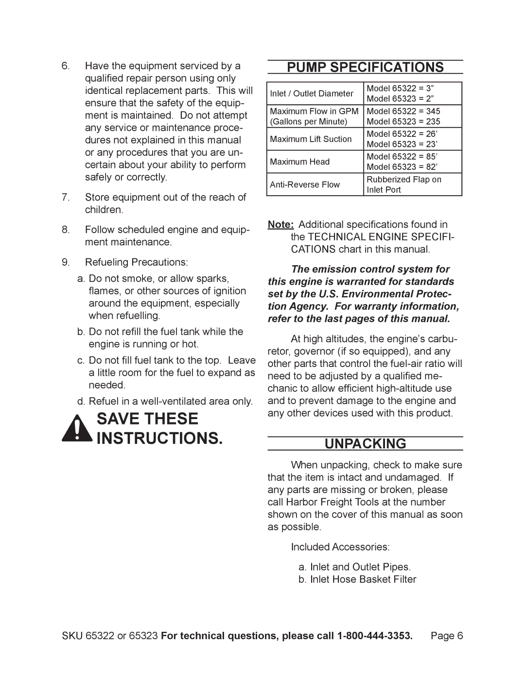 Harbor Freight Tools 65322 manual Pump Specifications, Unpacking 