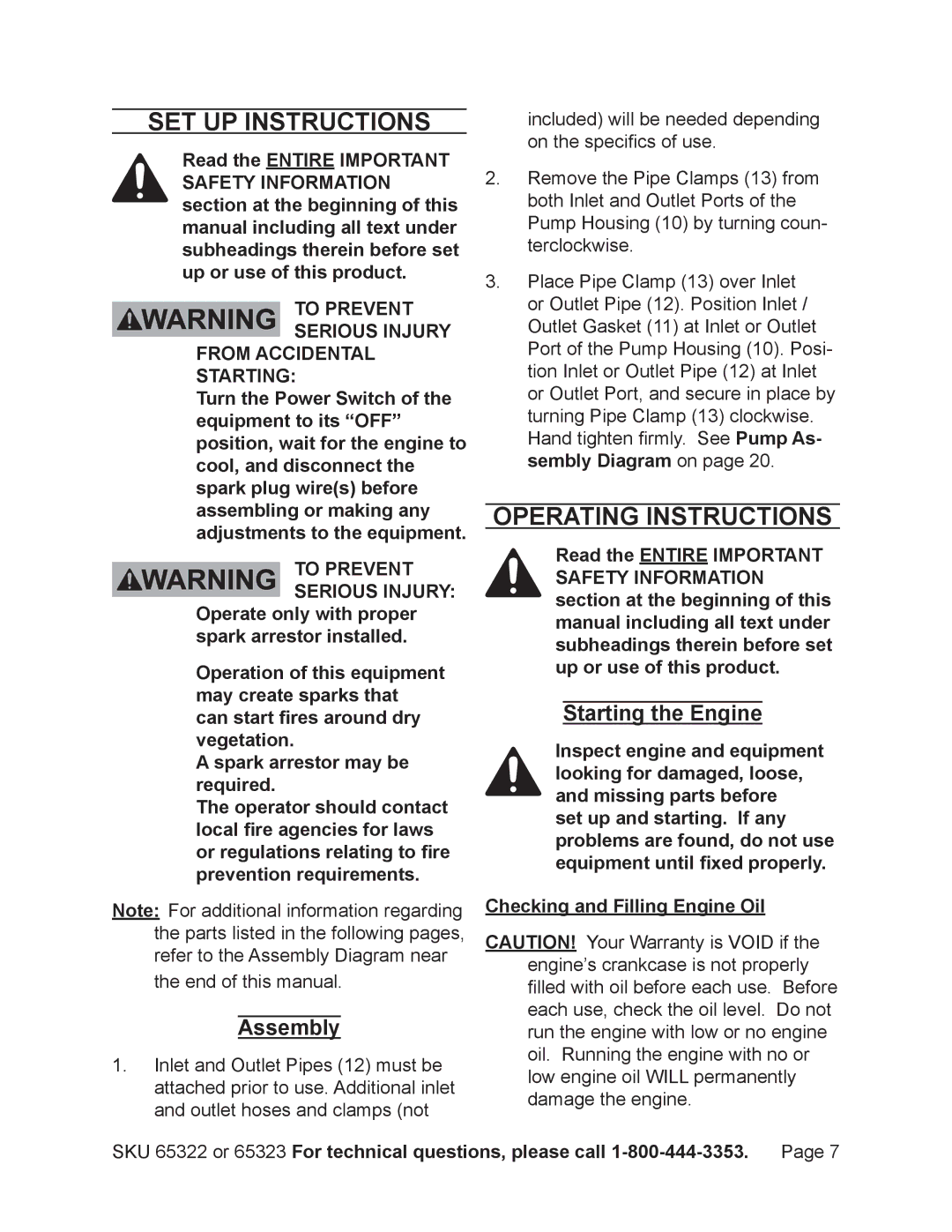 Harbor Freight Tools 65322 manual Set Up Instructions, Operating Instructions, Assembly, Starting the Engine 