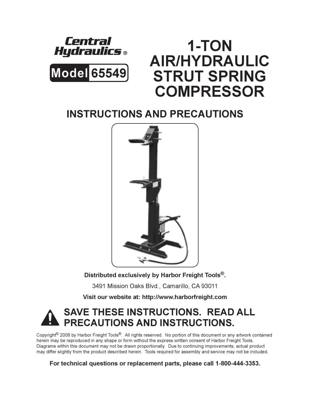 Harbor Freight Tools 65549 manual TON AIR/HYDRAULIC Strut Spring Compressor 