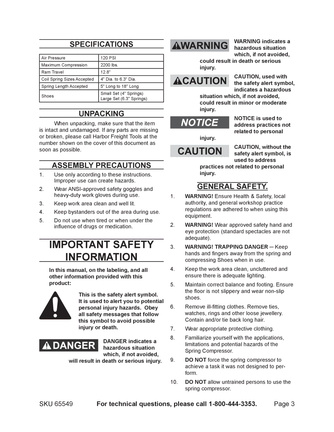 Harbor Freight Tools 65549 manual Important Safety Information, General Safety 