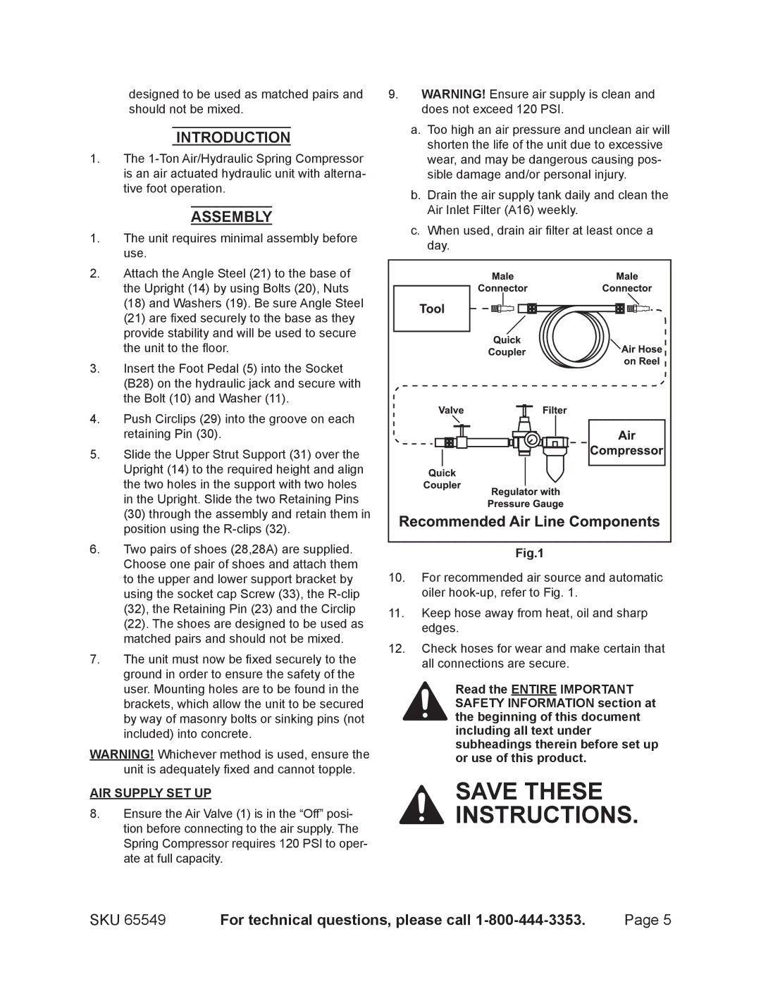 Harbor Freight Tools 65549 manual AIR Supply SET UP 