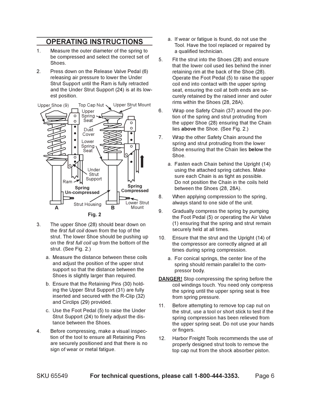 Harbor Freight Tools 65549 manual If wear or fatigue is found, do not use 