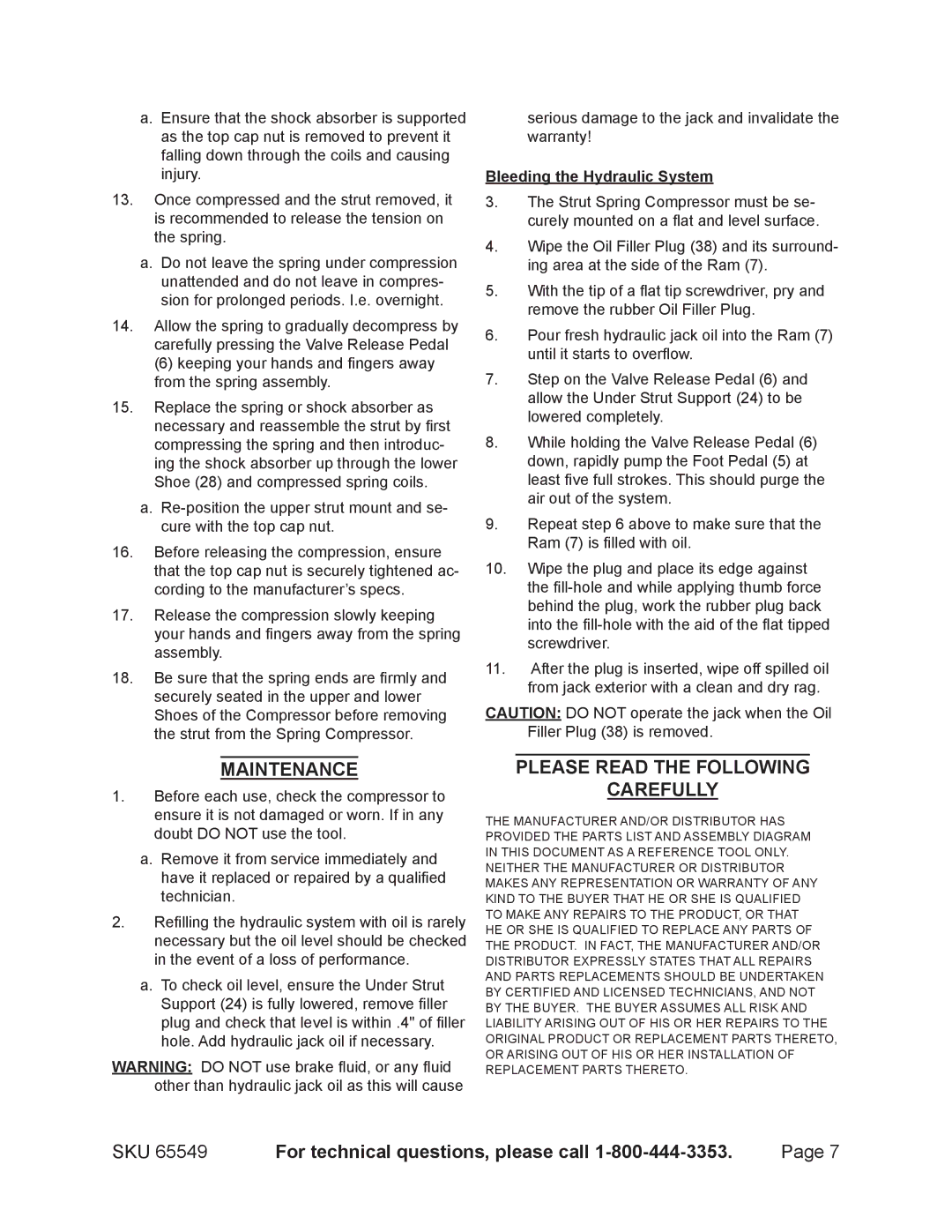 Harbor Freight Tools 65549 manual Maintenance, Bleeding the Hydraulic System 