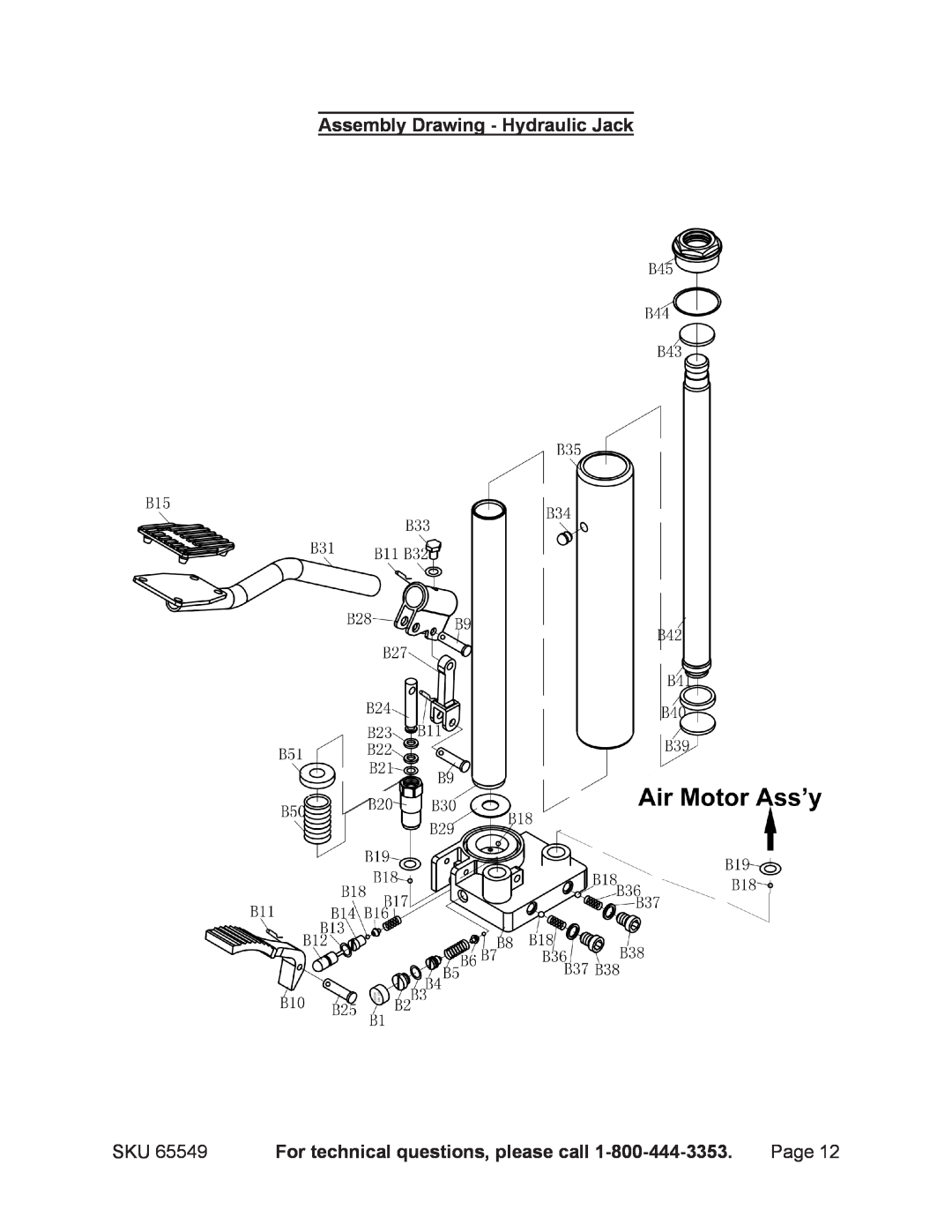 Harbor Freight Tools 65549 manual Assembly Drawing - Hydraulic Jack, For technical questions, please call, Page 