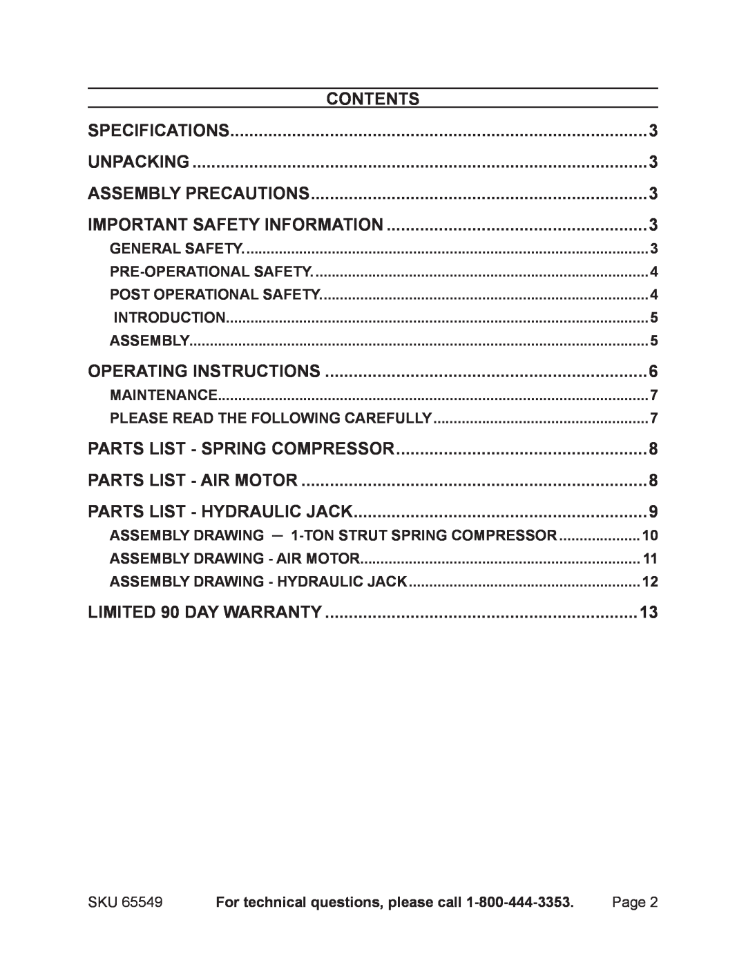 Harbor Freight Tools 65549 manual Contents 