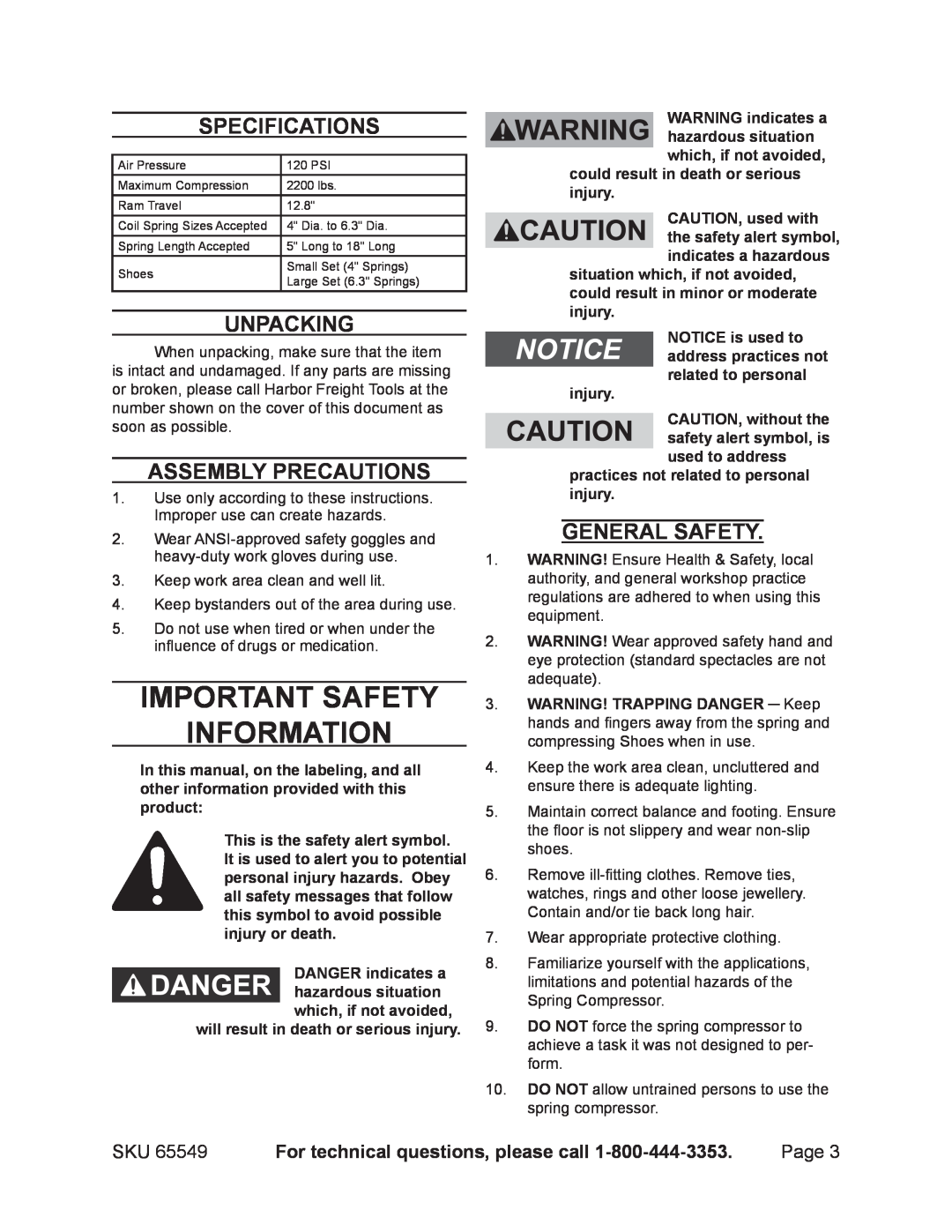 Harbor Freight Tools 65549 manual Important SAFETY Information, Page 