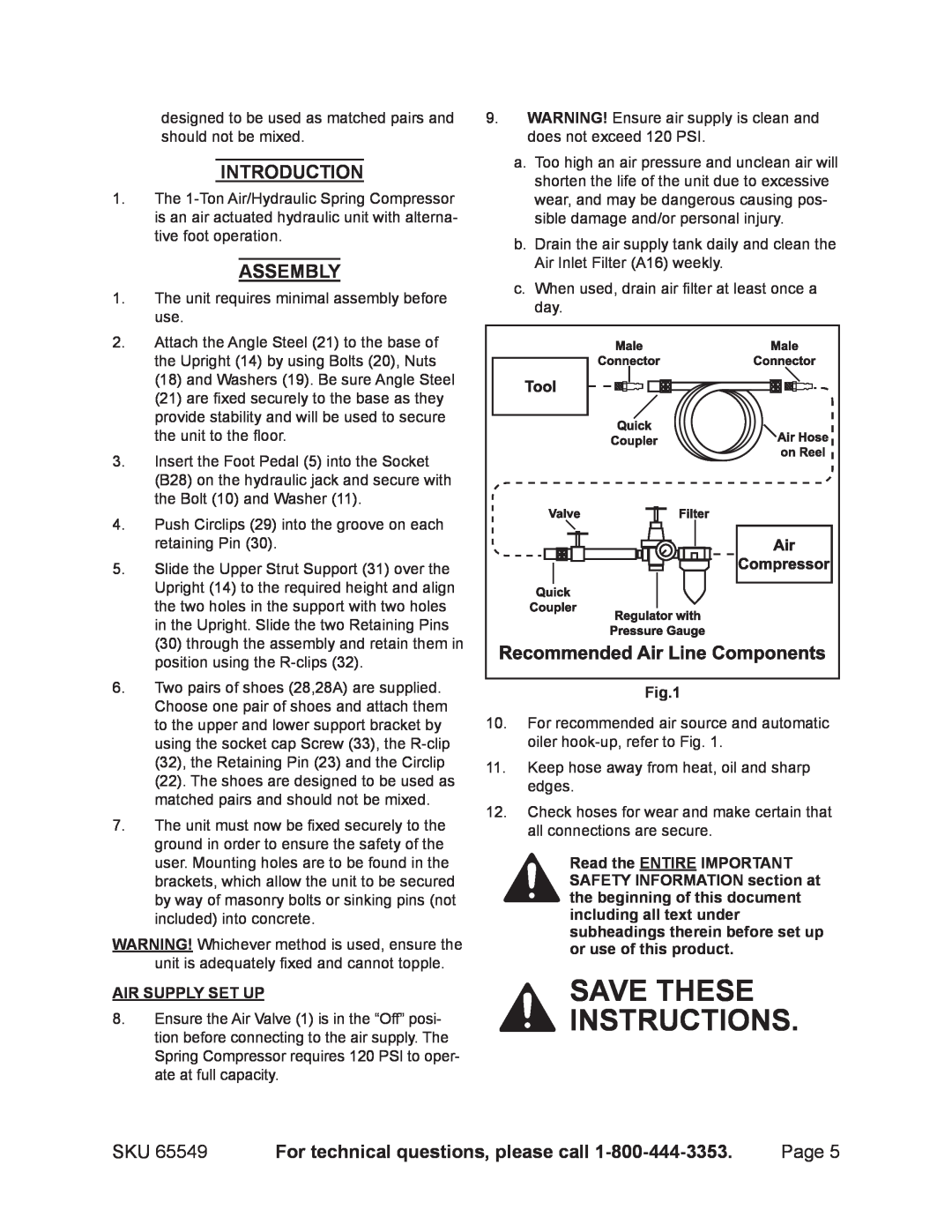 Harbor Freight Tools 65549 manual Save these instructions, Page, Air Supply Set Up 
