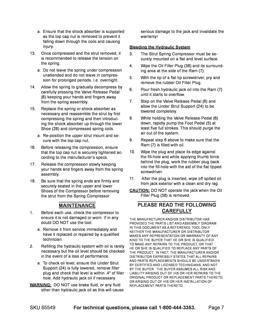Harbor Freight Tools 65549 manual Page, Bleeding the Hydraulic System 