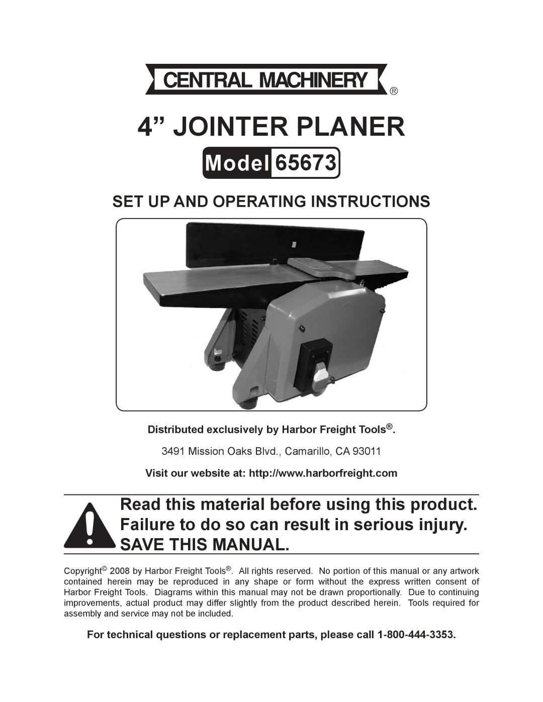 Harbor Freight Tools 65673 operating instructions Jointer Planer 