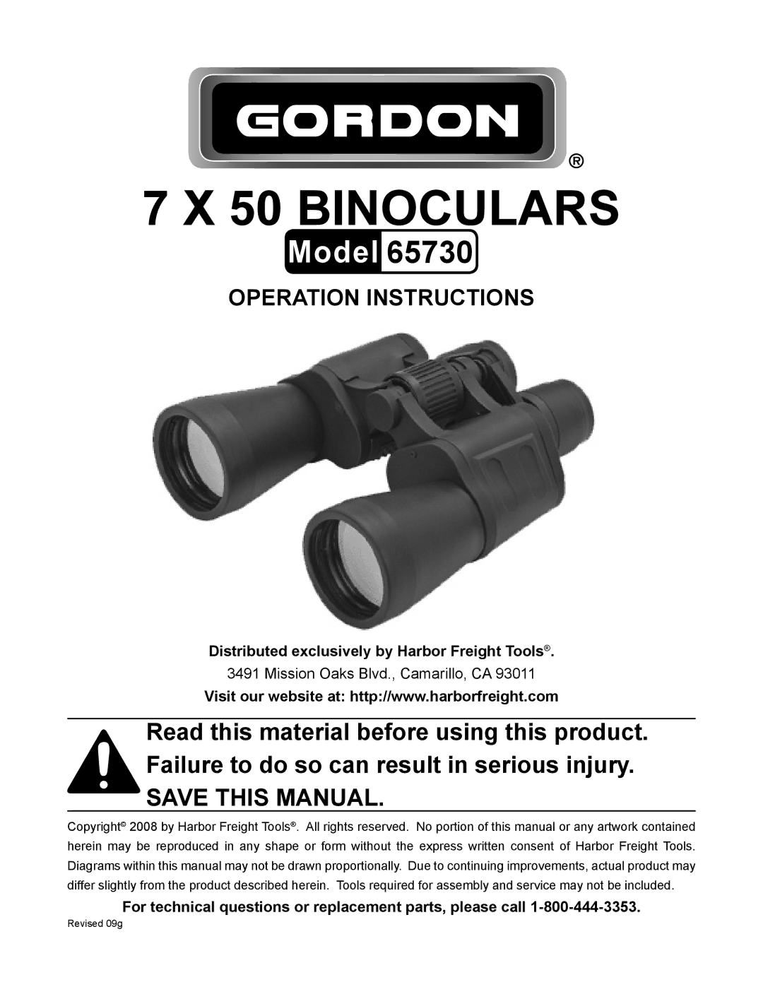 Harbor Freight Tools 65730 manual Binoculars 