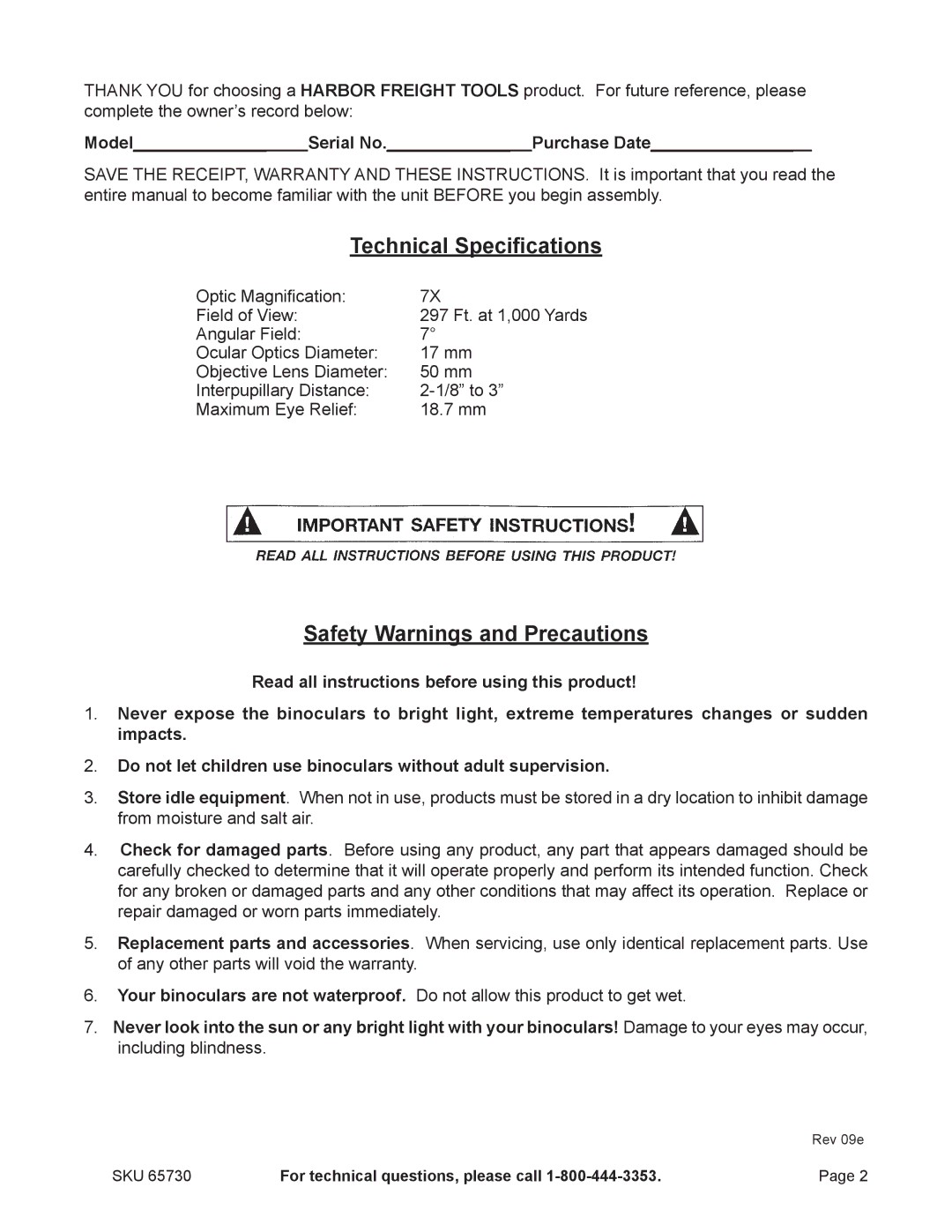 Harbor Freight Tools 65730 manual Technical Specifications, Safety Warnings and Precautions 