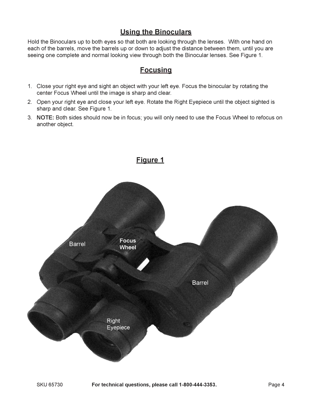 Harbor Freight Tools 65730 manual Using the Binoculars, Focusing 