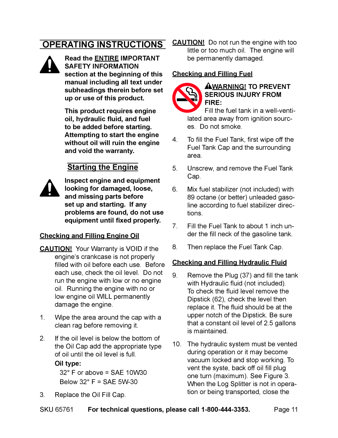 Harbor Freight Tools 65761 manual Operating Instructions, Starting the Engine 