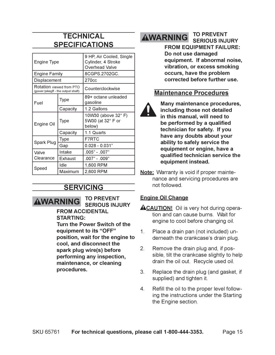 Harbor Freight Tools 65761 manual Technical Specifications, Servicing, Maintenance Procedures 