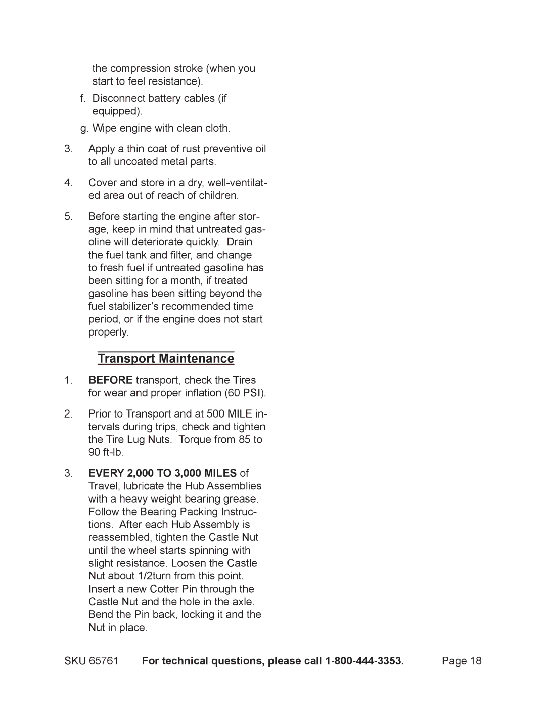 Harbor Freight Tools 65761 manual Transport Maintenance 