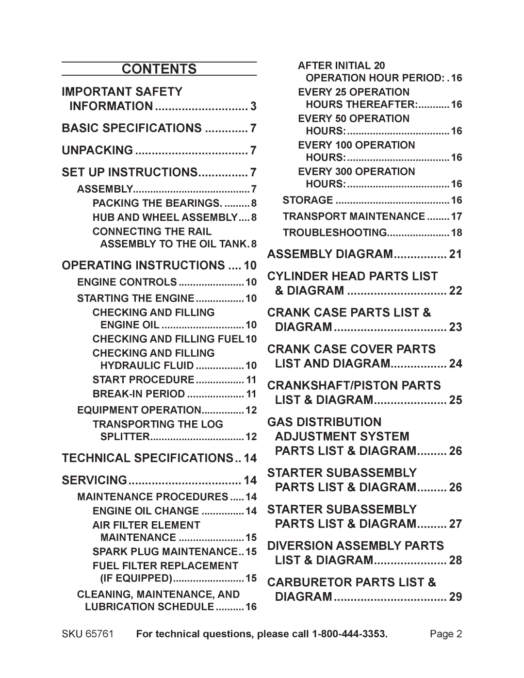 Harbor Freight Tools 65761 manual Contents 