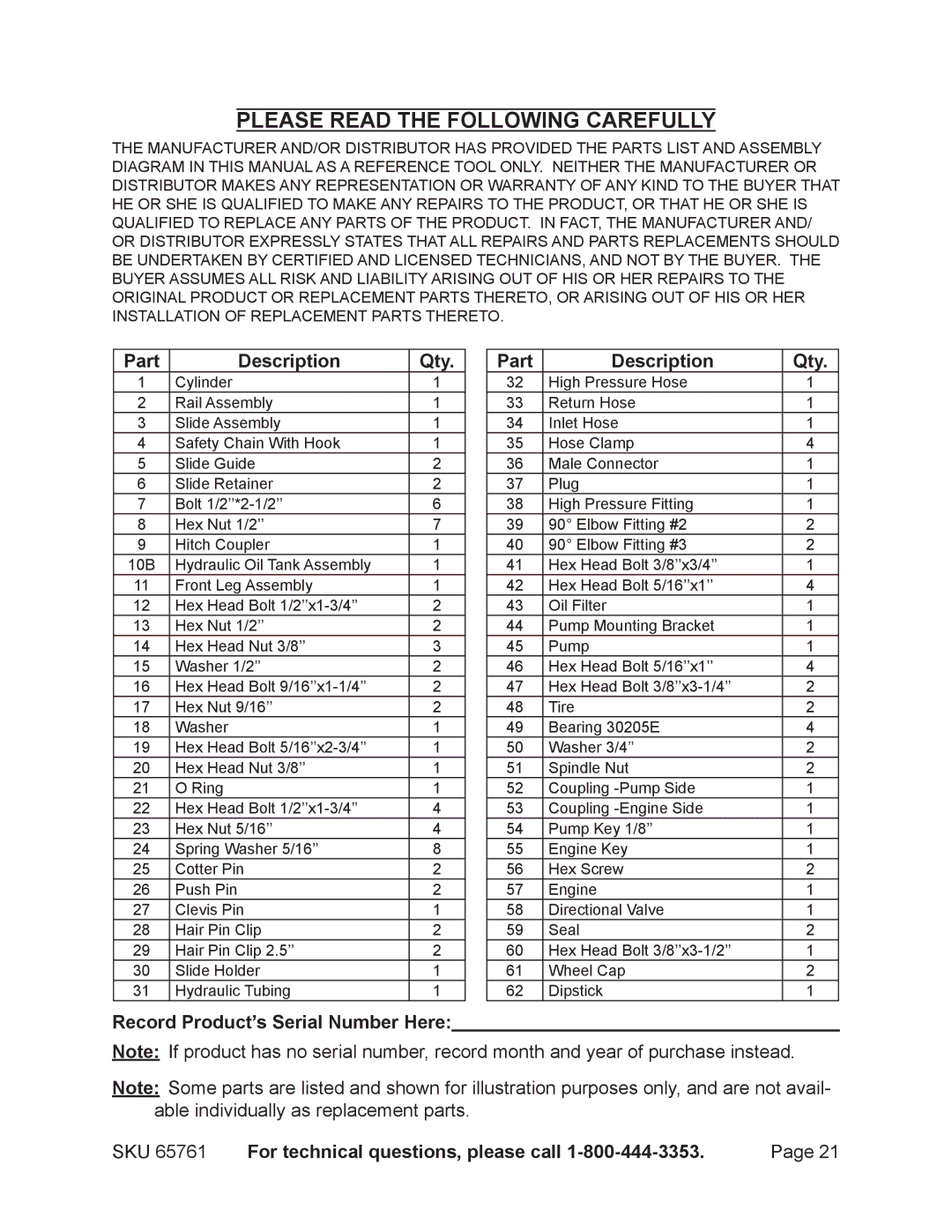 Harbor Freight Tools 65761 manual Part Description Qty, Record Product’s Serial Number Here 