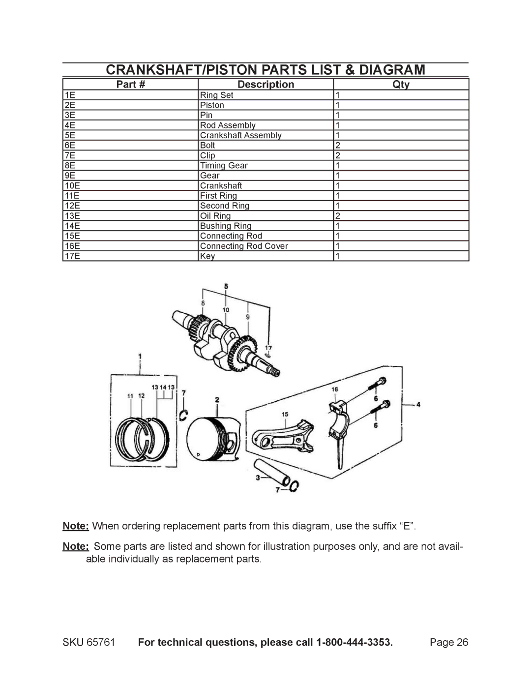 Harbor Freight Tools 65761 manual CRANKSHAFT/PISTON Parts List & Diagram 