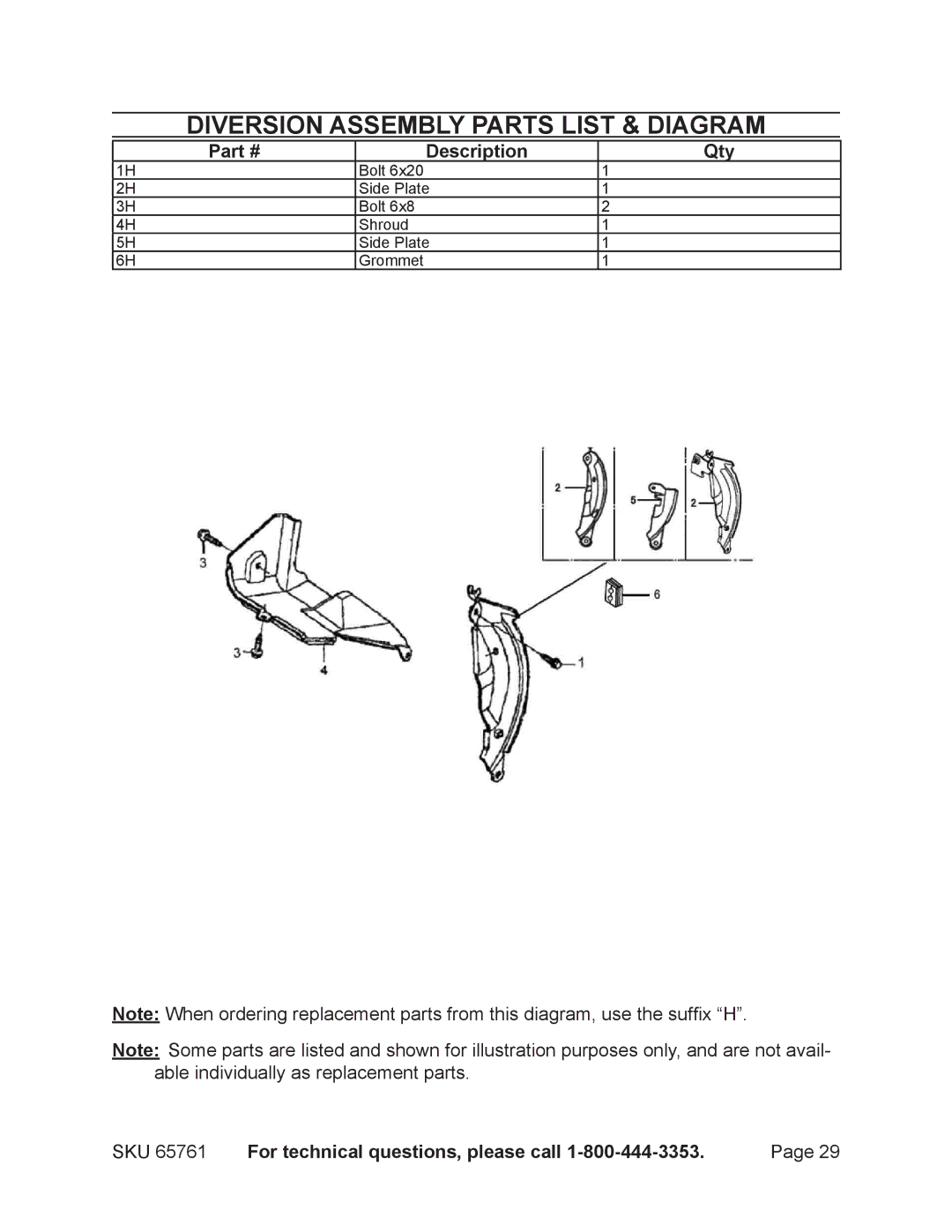 Harbor Freight Tools 65761 manual Diversion Assembly parts list & diagram 