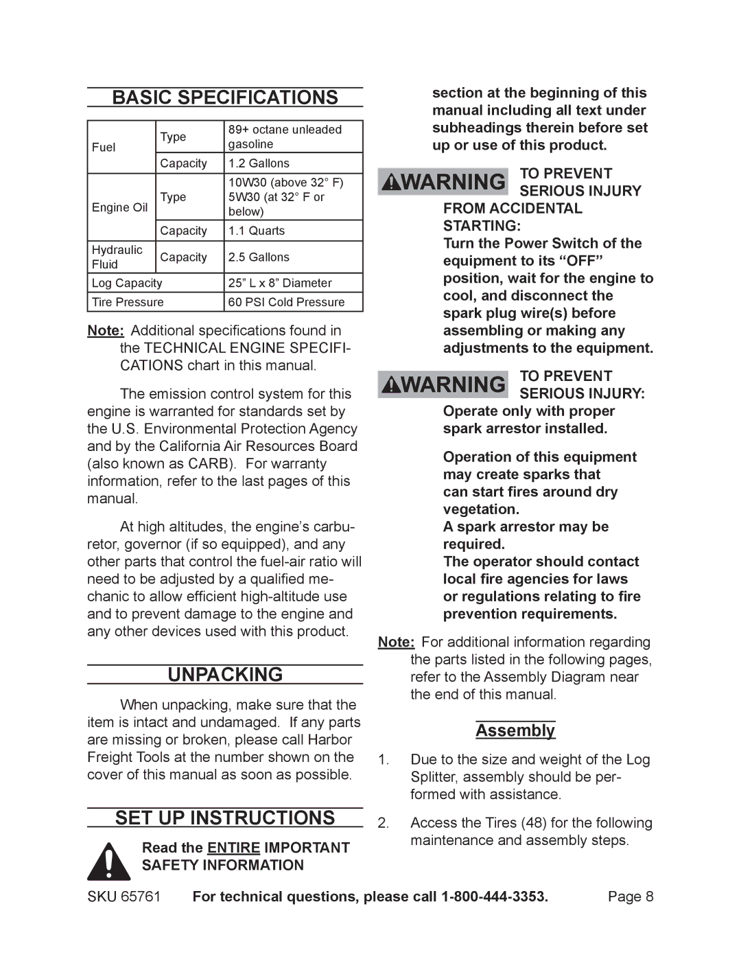 Harbor Freight Tools 65761 manual Basic Specifications, Unpacking, Set Up Instructions, Assembly 