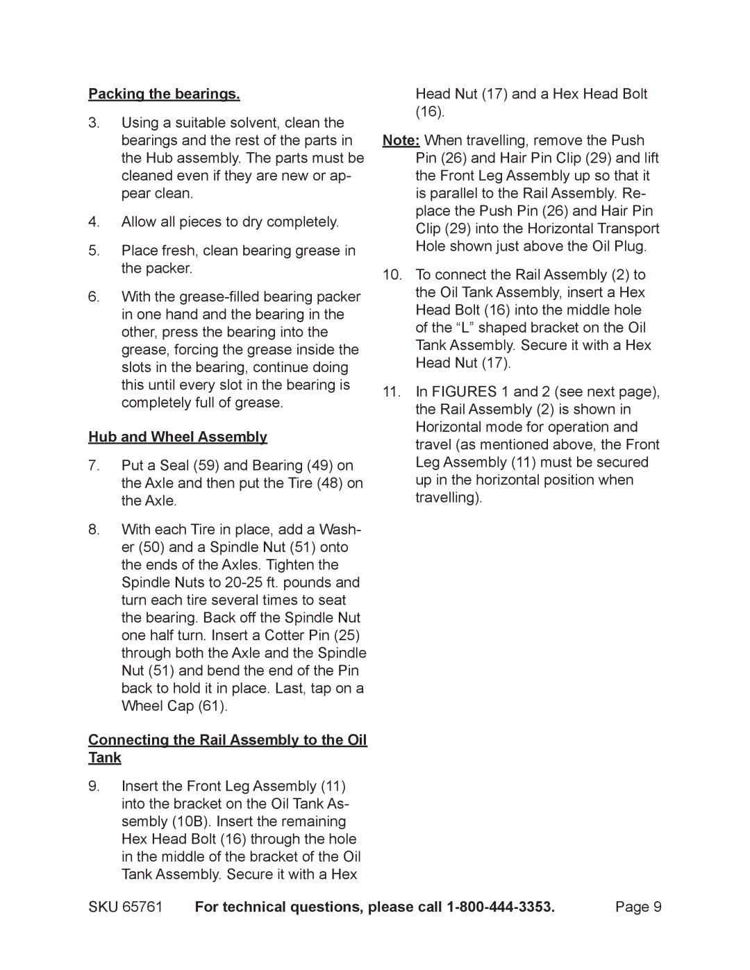 Harbor Freight Tools 65761 manual Packing the bearings, Connecting the Rail Assembly to the Oil Tank 