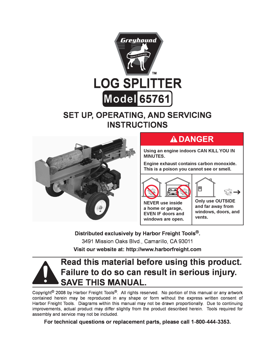 Harbor Freight Tools 65761 manual Log splitter, Set up, Operating, and Servicing Instructions 