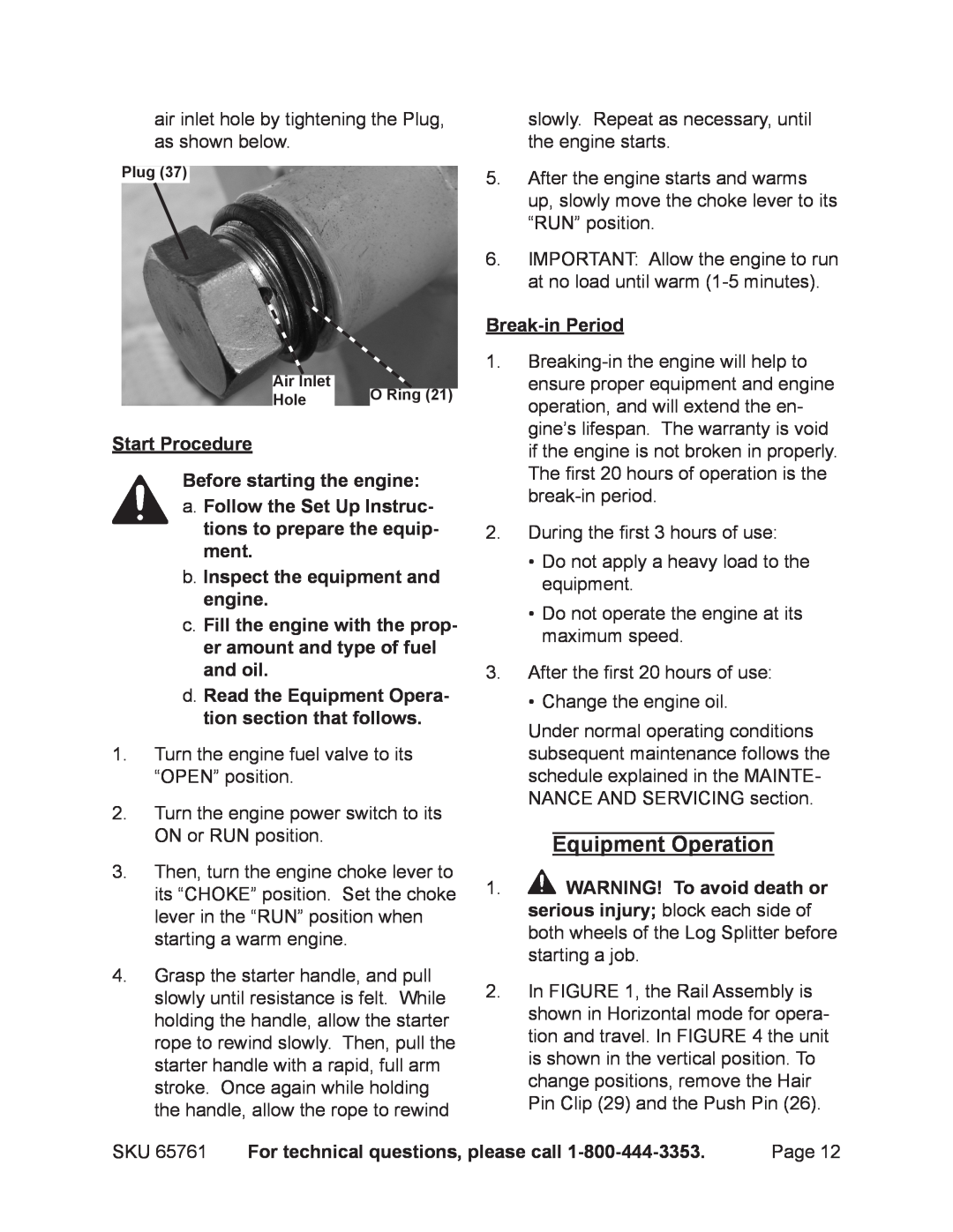 Harbor Freight Tools 65761 manual Start Procedure, Before starting the engine a. Follow the Set Up Instruc, Break-in Period 