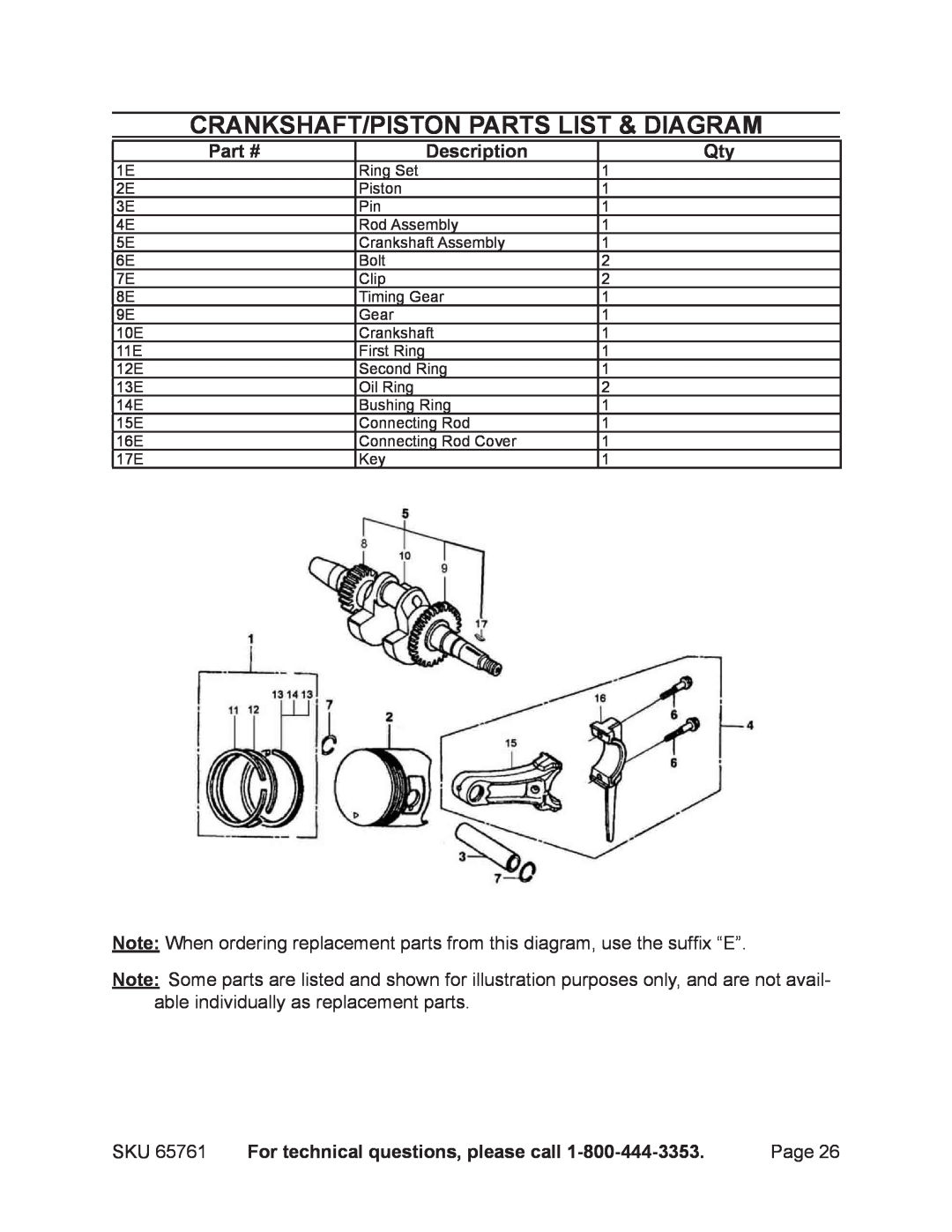 Harbor Freight Tools 65761 manual Crankshaft/Piston Parts List & Diagram, Description, For technical questions, please call 