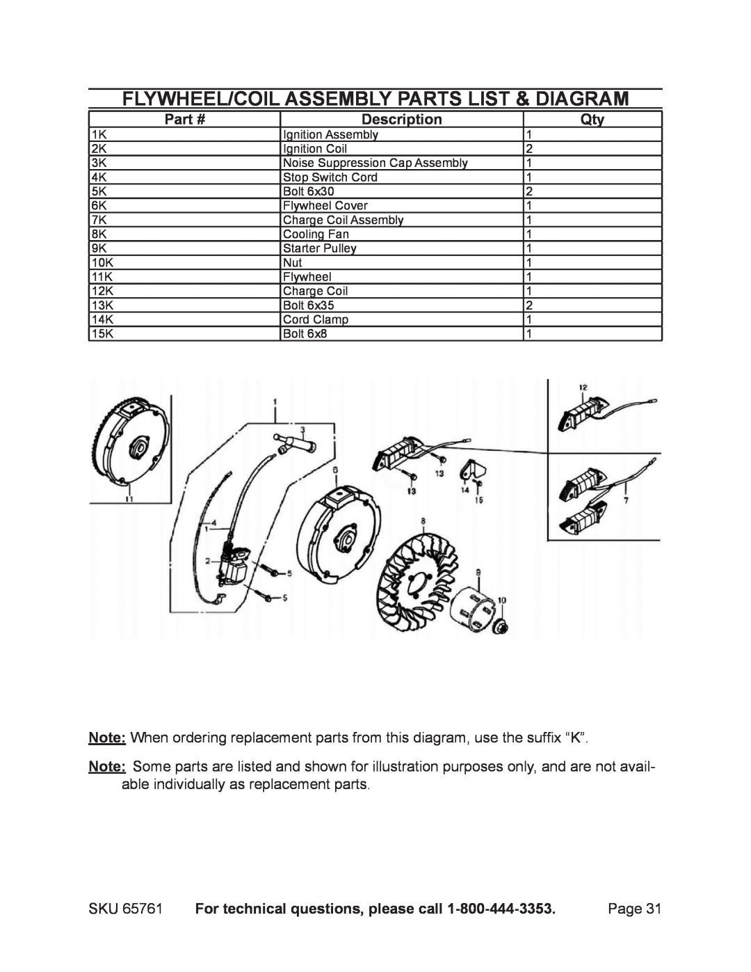 Harbor Freight Tools 65761 Flywheel/coil assembly parts list & diagram, Description, For technical questions, please call 