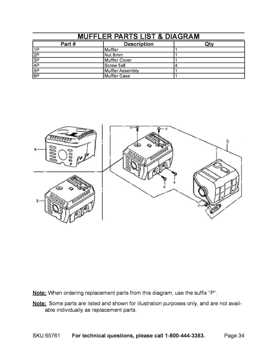 Harbor Freight Tools 65761 manual Muffler parts list & diagram, Description, For technical questions, please call 