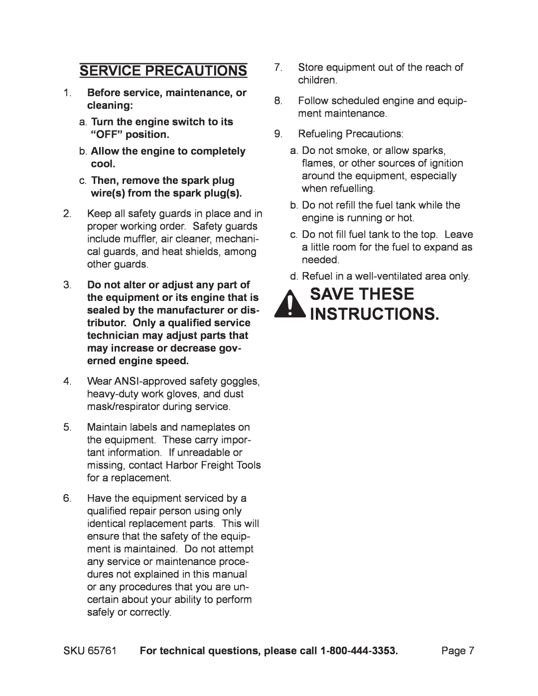 Harbor Freight Tools 65761 manual Save these instructions, Service precautions, Before service, maintenance, or cleaning 