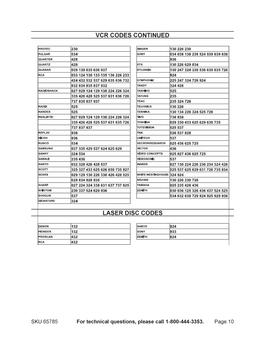 Harbor Freight Tools 65785 manual VCR Codes Laser Disc Codes 