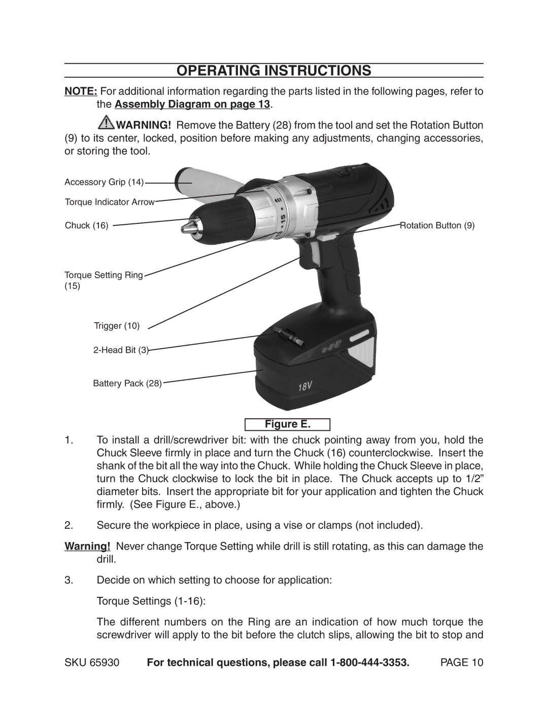 Harbor Freight Tools 65930 operating instructions Operating Instructions, Figure E 