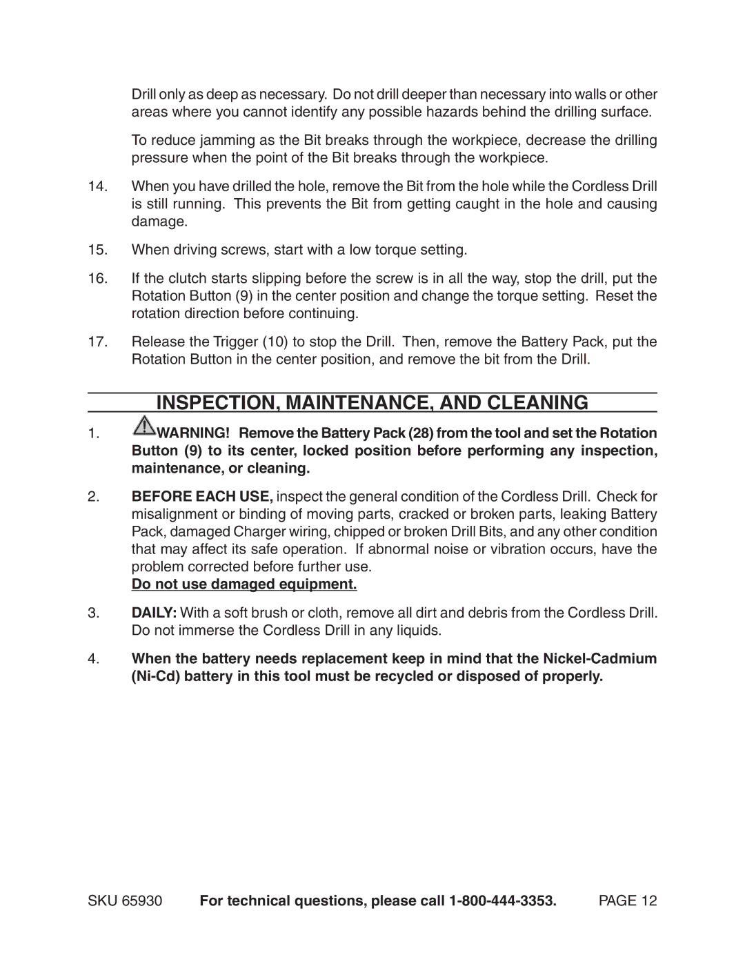 Harbor Freight Tools 65930 operating instructions INSPECTION, MAINTENANCE, and Cleaning, Do not use damaged equipment 