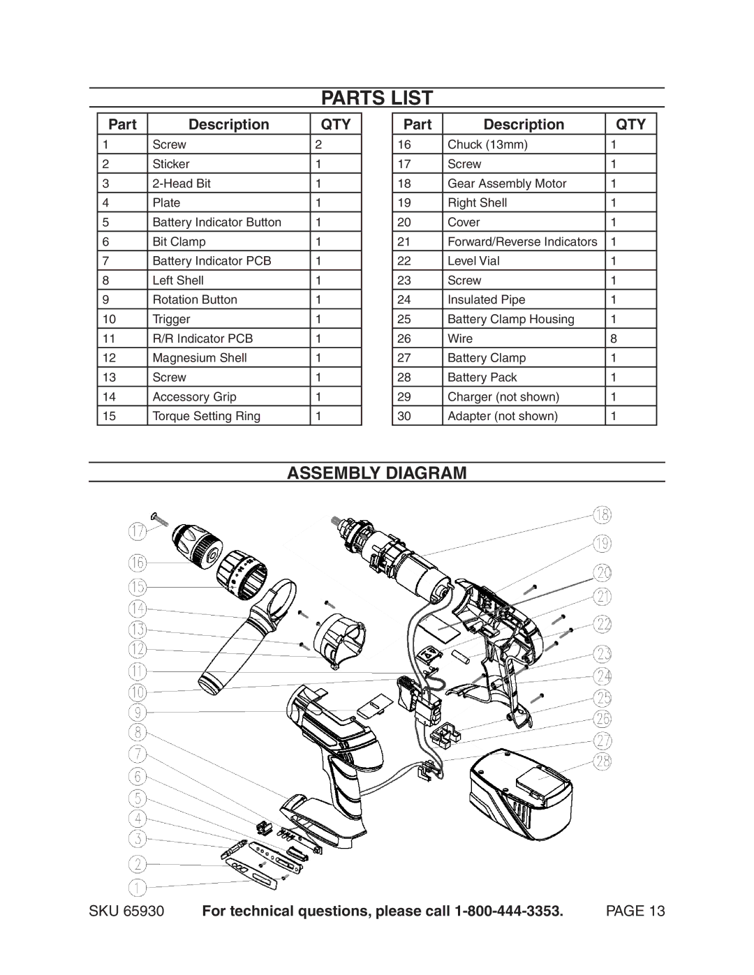 Harbor Freight Tools 65930 operating instructions Parts list, Qty 