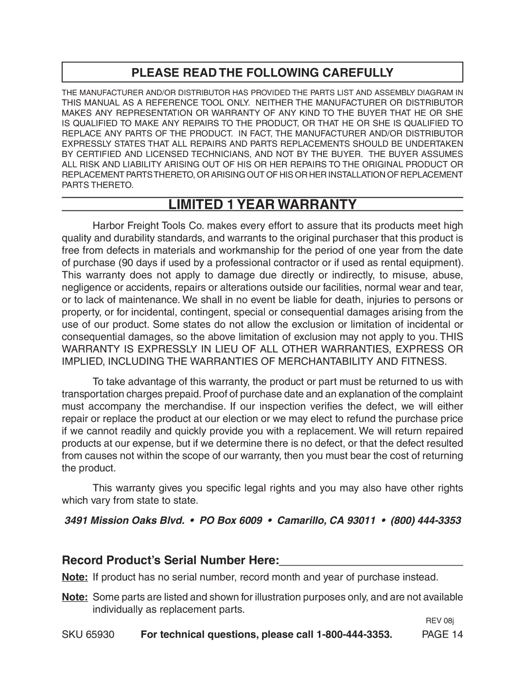 Harbor Freight Tools 65930 operating instructions Limited 1 Year warranty, Record Product’s Serial Number Here 