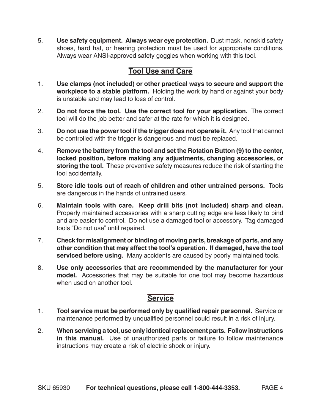 Harbor Freight Tools 65930 operating instructions Tool Use and Care, Service 