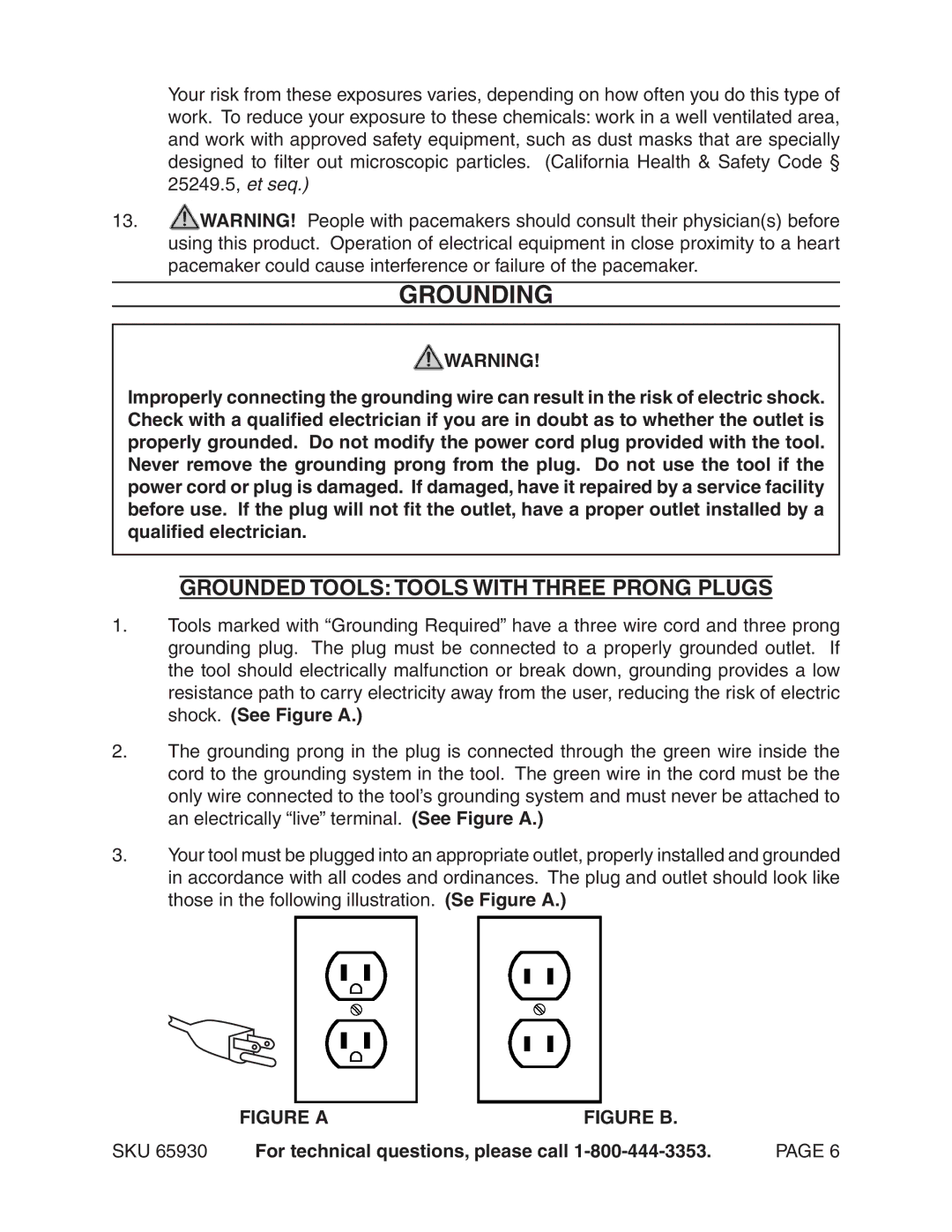 Harbor Freight Tools 65930 operating instructions Grounding, Grounded Tools Tools With Three Prong Plugs 