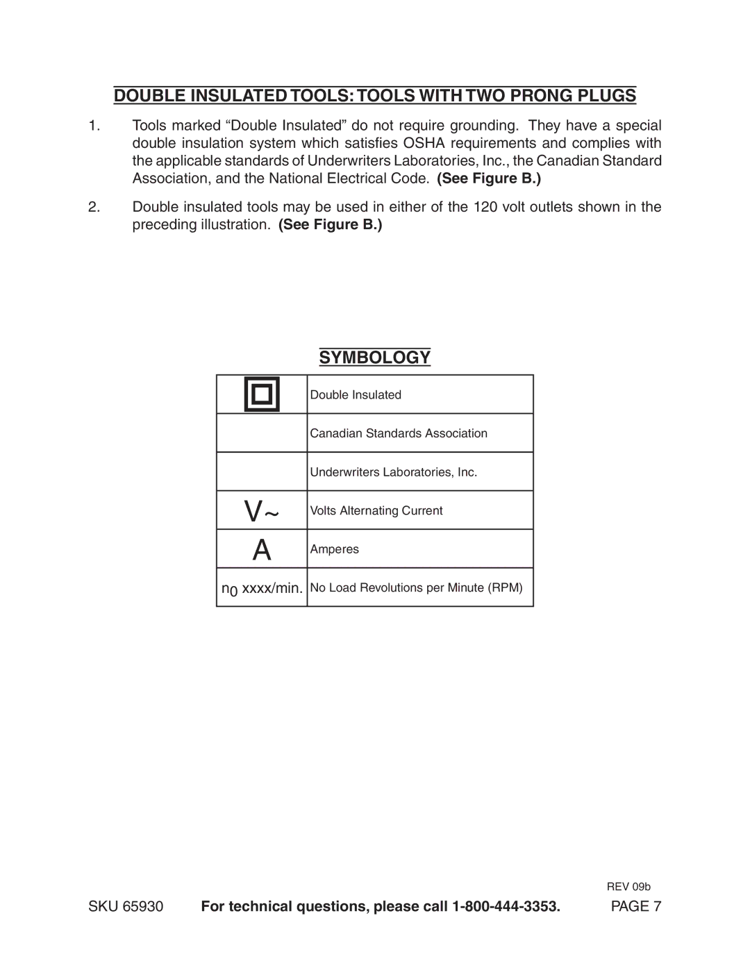Harbor Freight Tools 65930 operating instructions Double Insulated Tools Tools With Two Prong Plugs, Symbology 