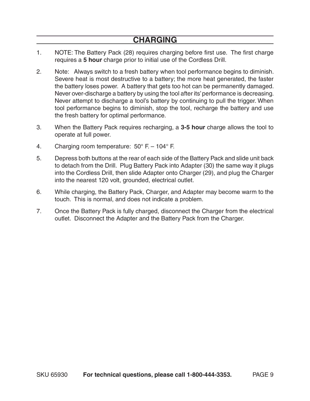 Harbor Freight Tools 65930 operating instructions Charging 