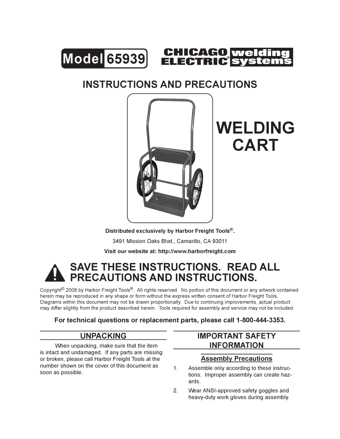 Harbor Freight Tools 65939 manual Unpacking, Important Safety Information, Assembly Precautions 