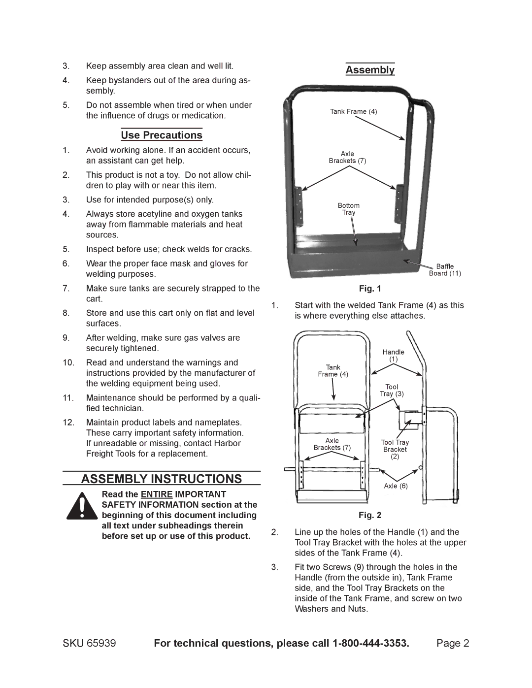 Harbor Freight Tools 65939 manual Assembly Instructions, Use Precautions, For technical questions, please call 