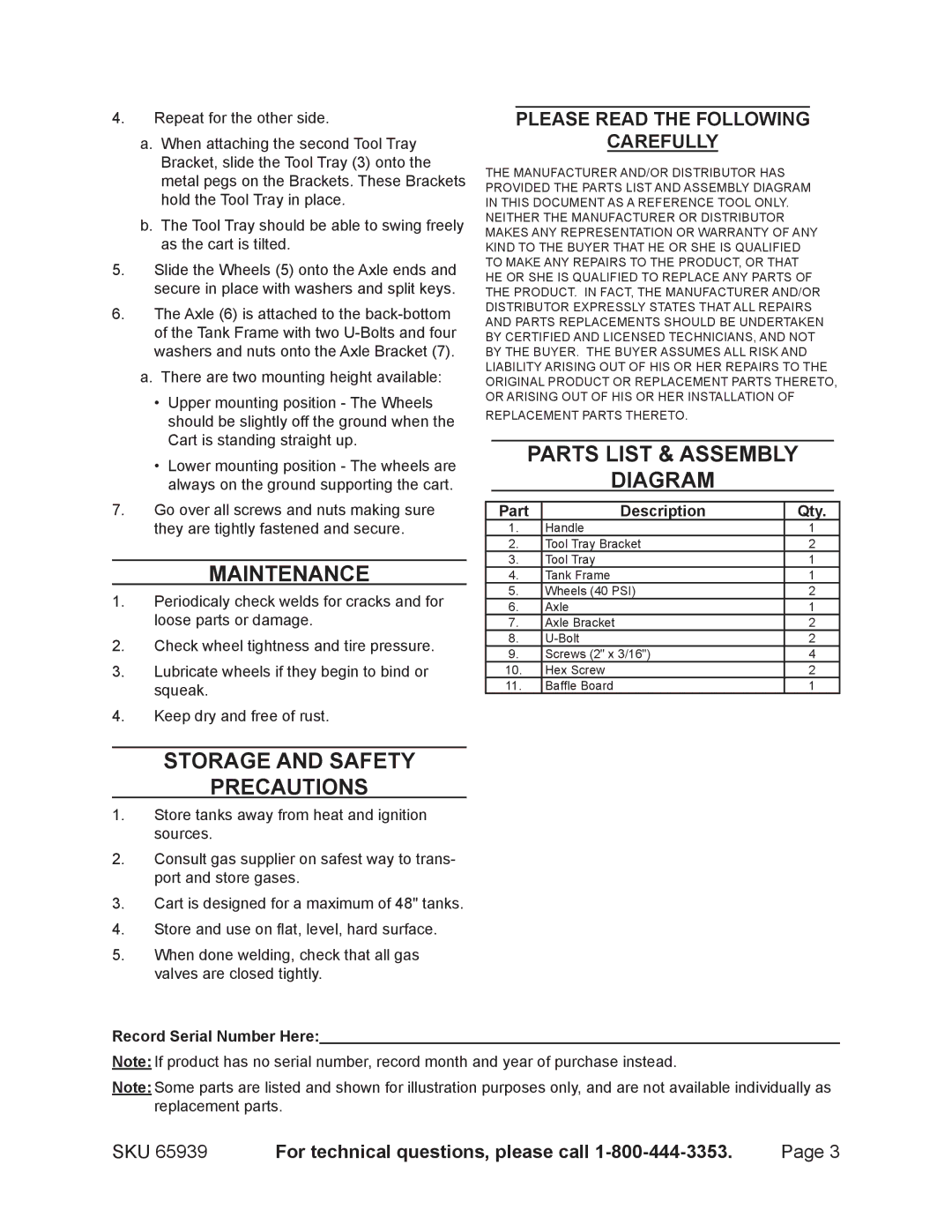 Harbor Freight Tools 65939 manual Maintenance, Storage and Safety Precautions, Parts List & assembly Diagram 