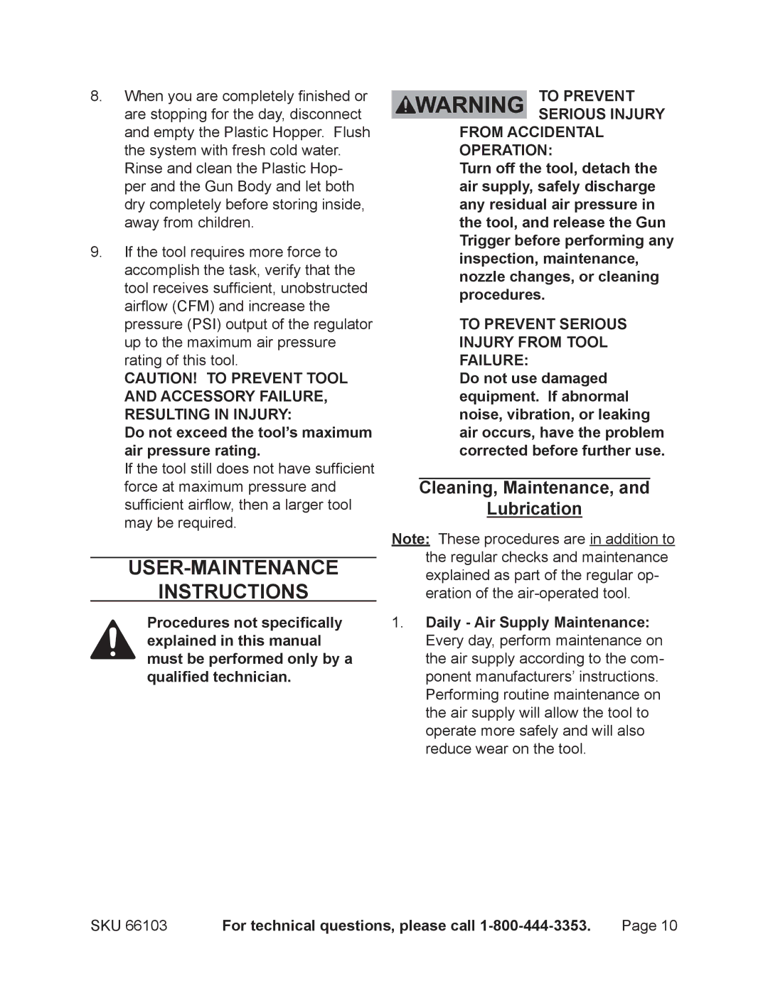 Harbor Freight Tools 66103 operating instructions User-Maintenance Instructions, Cleaning, Maintenance, Lubrication 