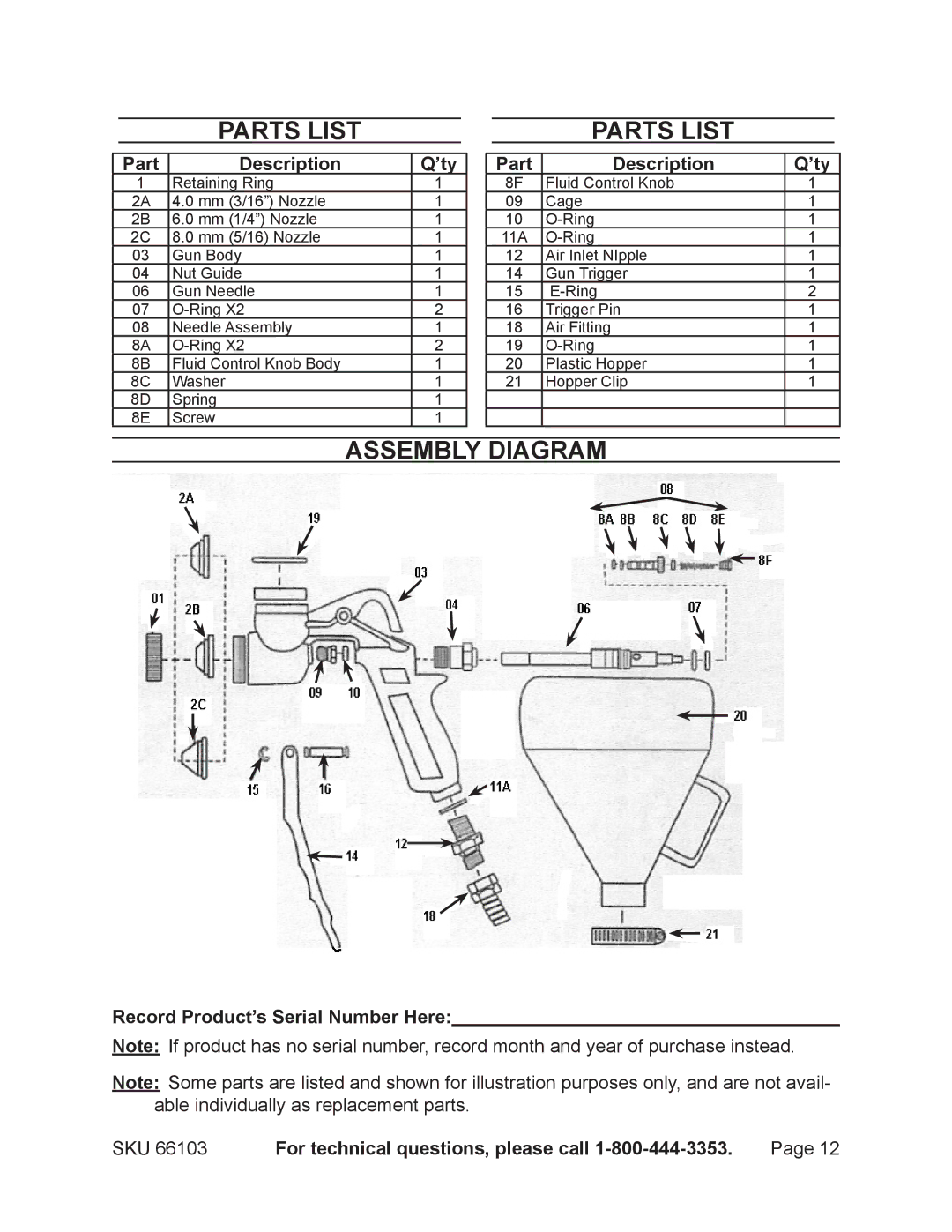 Harbor Freight Tools 66103 Assembly Diagram, Part Description ’ty, Record Product’s Serial Number Here 