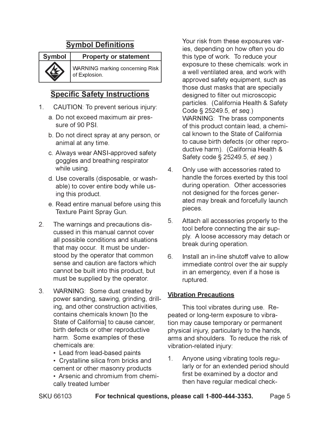 Harbor Freight Tools 66103 operating instructions Specific Safety Instructions, Vibration Precautions 