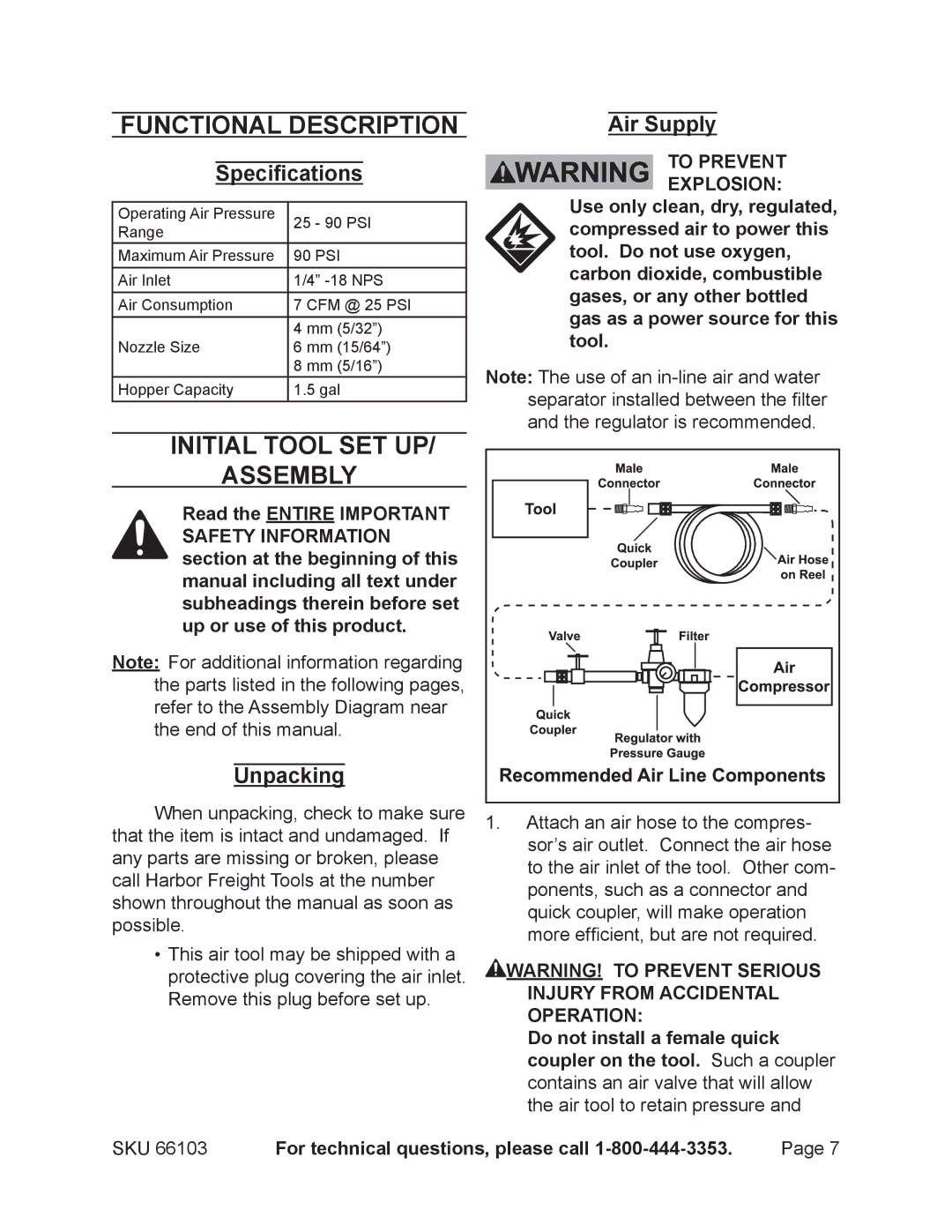 Harbor Freight Tools 66103 Functional Description, Initial Tool Set Up Assembly, Specifications, Unpacking, Air Supply 