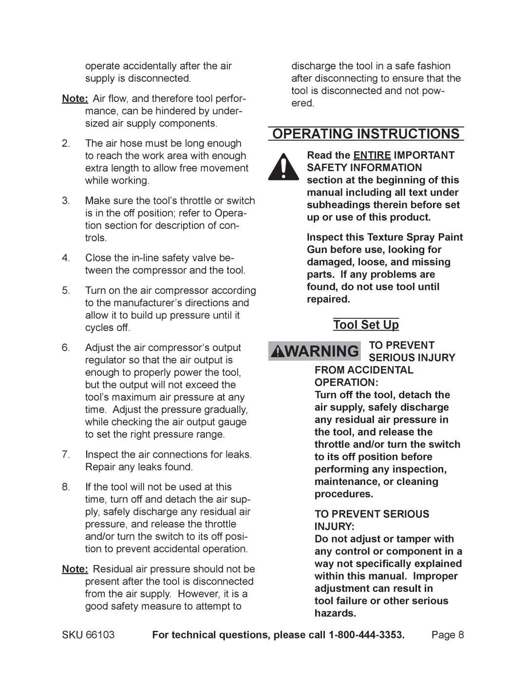 Harbor Freight Tools 66103 operating instructions Operating Instructions, Tool Set Up 